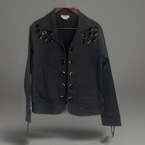 Tia Designs Jean Jacket Grey Small Tie Long Sleeve Large Grommet Accents Y2K